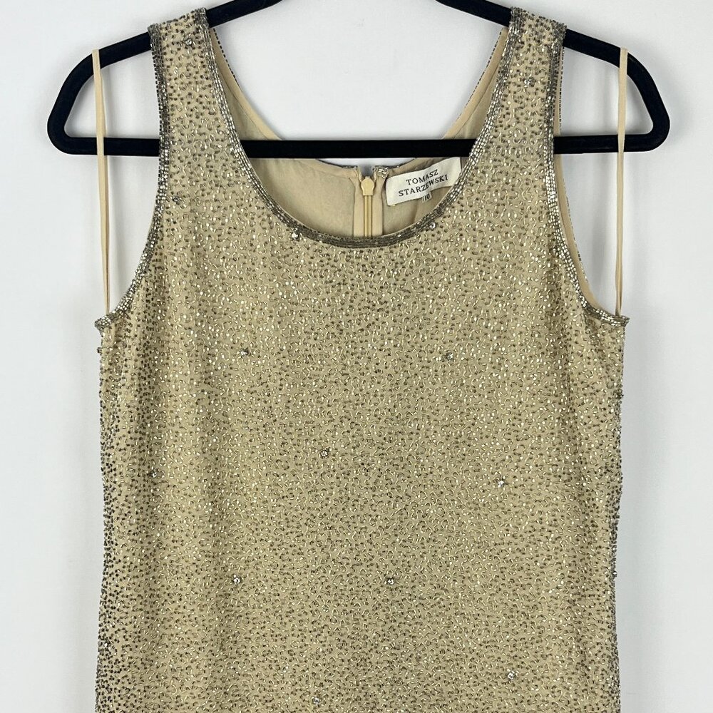 Tomasz Starzewski Top Blouse Size 10 Beige Silk Sleeveless Beaded Lined